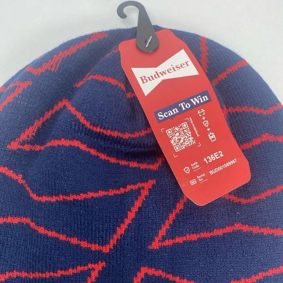 Men’s Budweiser Beanie Hat with Red and Blue Pattern - Picture 3 of 5